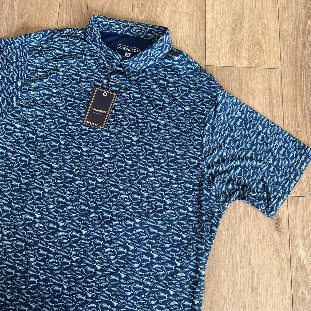 Architect Men's Big & Tall 2X S/S Polo Shirt Fish Bones Summer Blue Stretch NWT